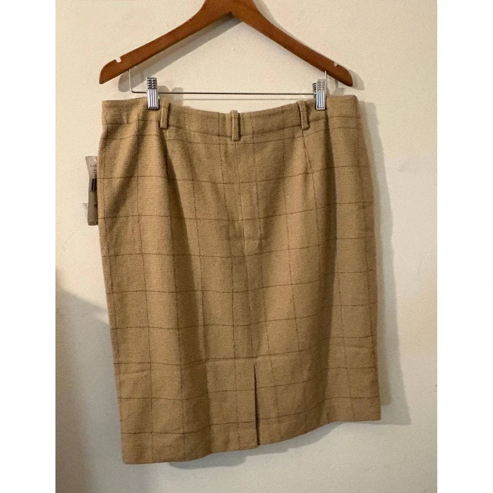 Lauren Ralph Lauren Tan Wool‎ Plaid Pencil Skirt Suede Trim Sz 16 NWT $189